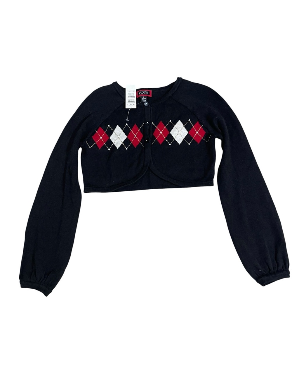 Preppy The Children's Place Black Cropped Rhinestone Argyle Cardigan Red & White